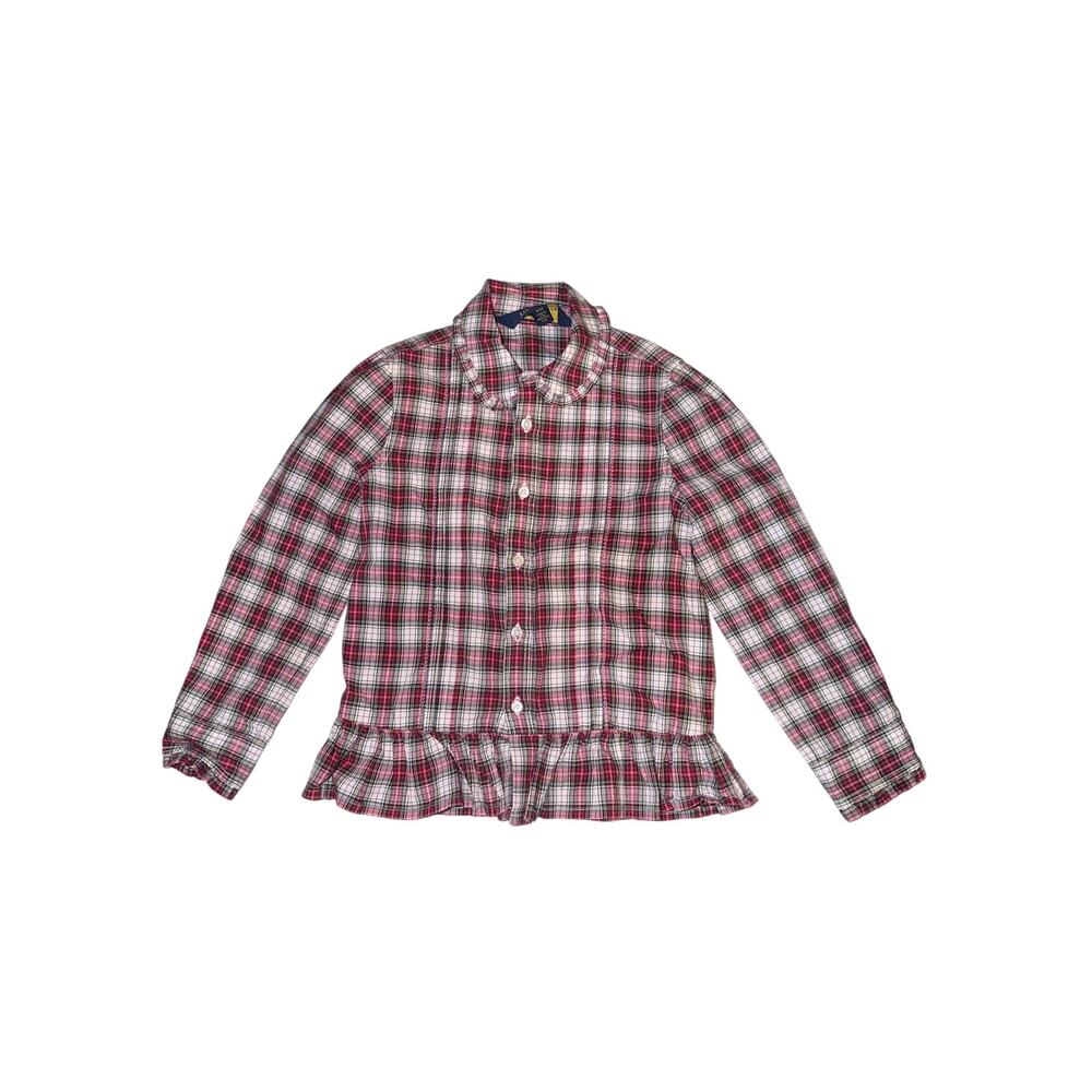 Polo Ralph Lauren girls long sleeve ruffle button front red plaid shirt 4T Santa